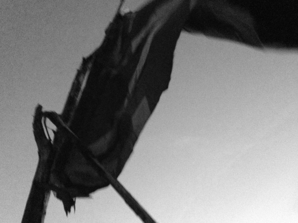 Close up of home made flag attached to a stick, flying in the wind