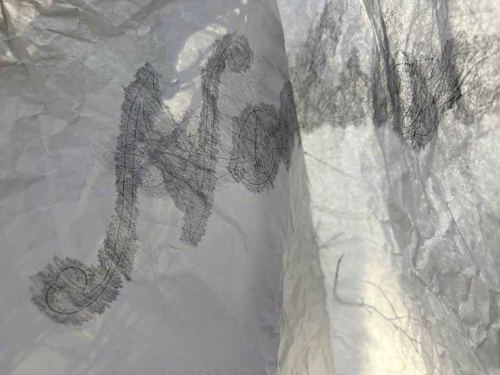 Northstar rubbing of italic lettering in pencil on wavy hung up paper